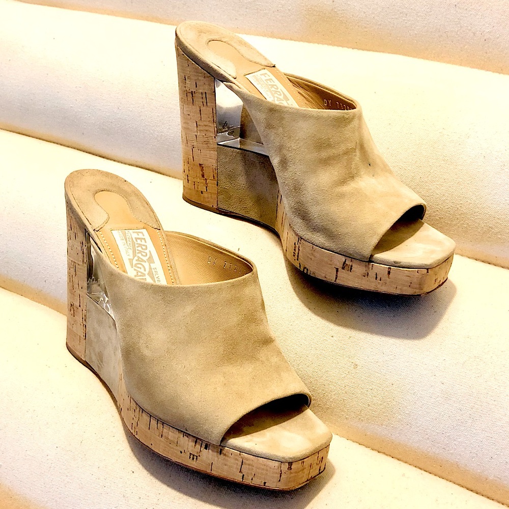 SALVATORE FERRAGAMO Suede Acrylic Wedge Sandals